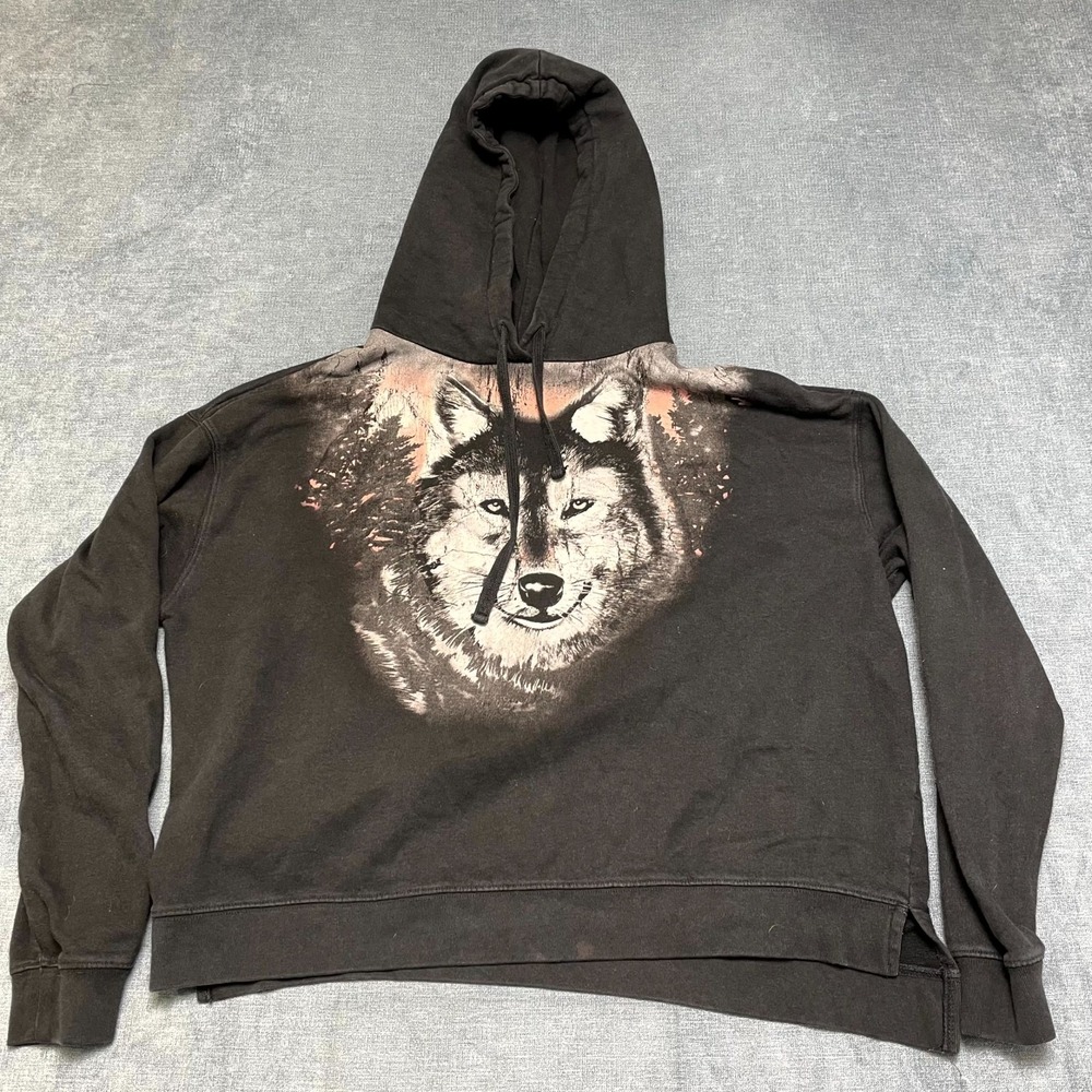 AllSaints Wolf Graphic Hoodie Womens XS Black Drawstring Pullover Streetwear